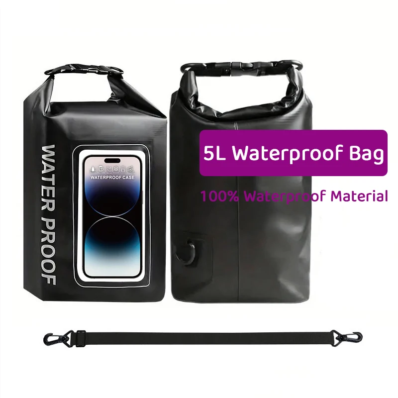 

5L Waterproof Dry Bag - Transparent Phone Pocket, Adjustable Crossbody Strap Waterproof 500D PVC Tear-Resistant for Outdoor Swim