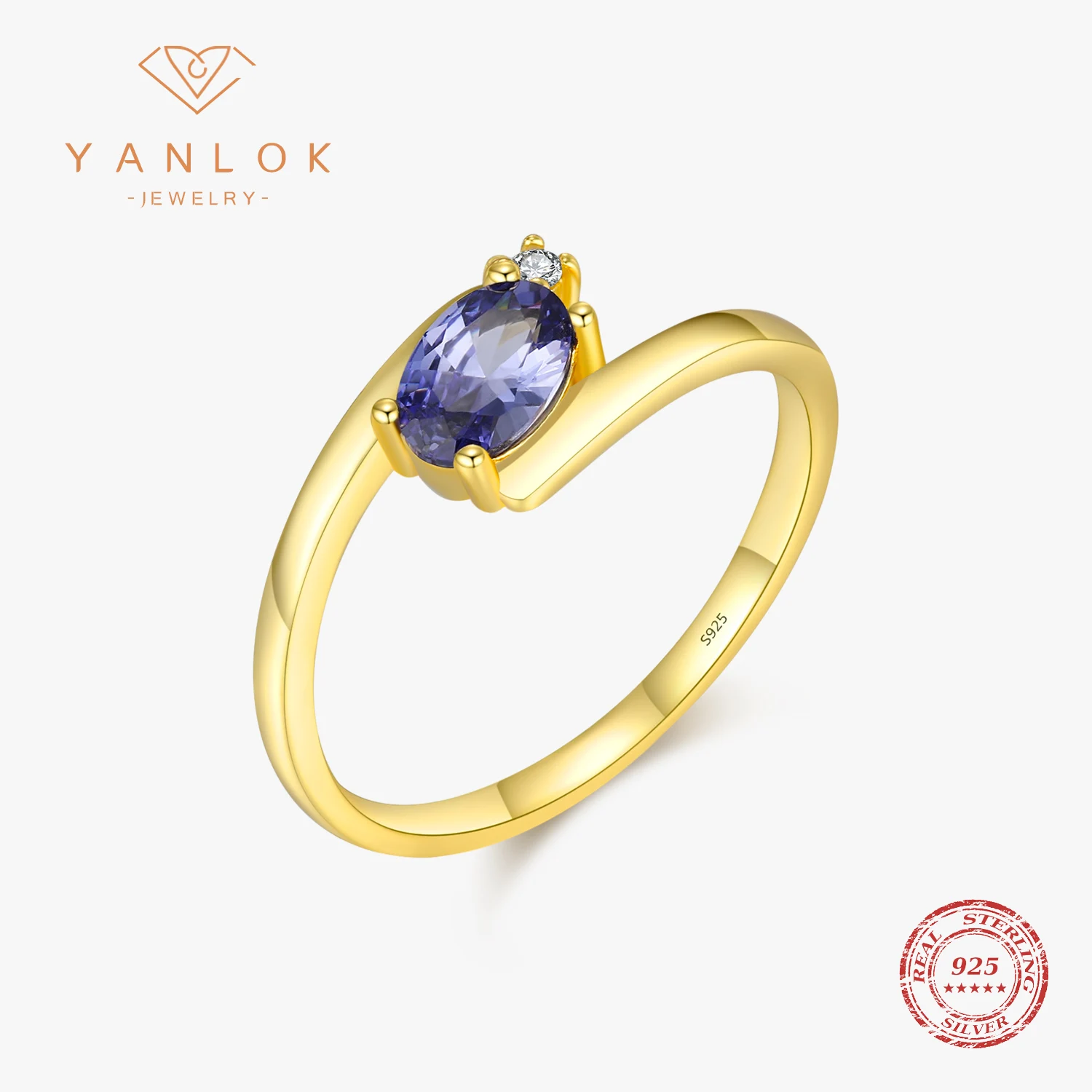 

YANLOK 925 Sterling Silver Shinning Tanzanite Color Zirconia Ring For Women Trendy Asymmetry Design Rings Fine Jewelry Gifts