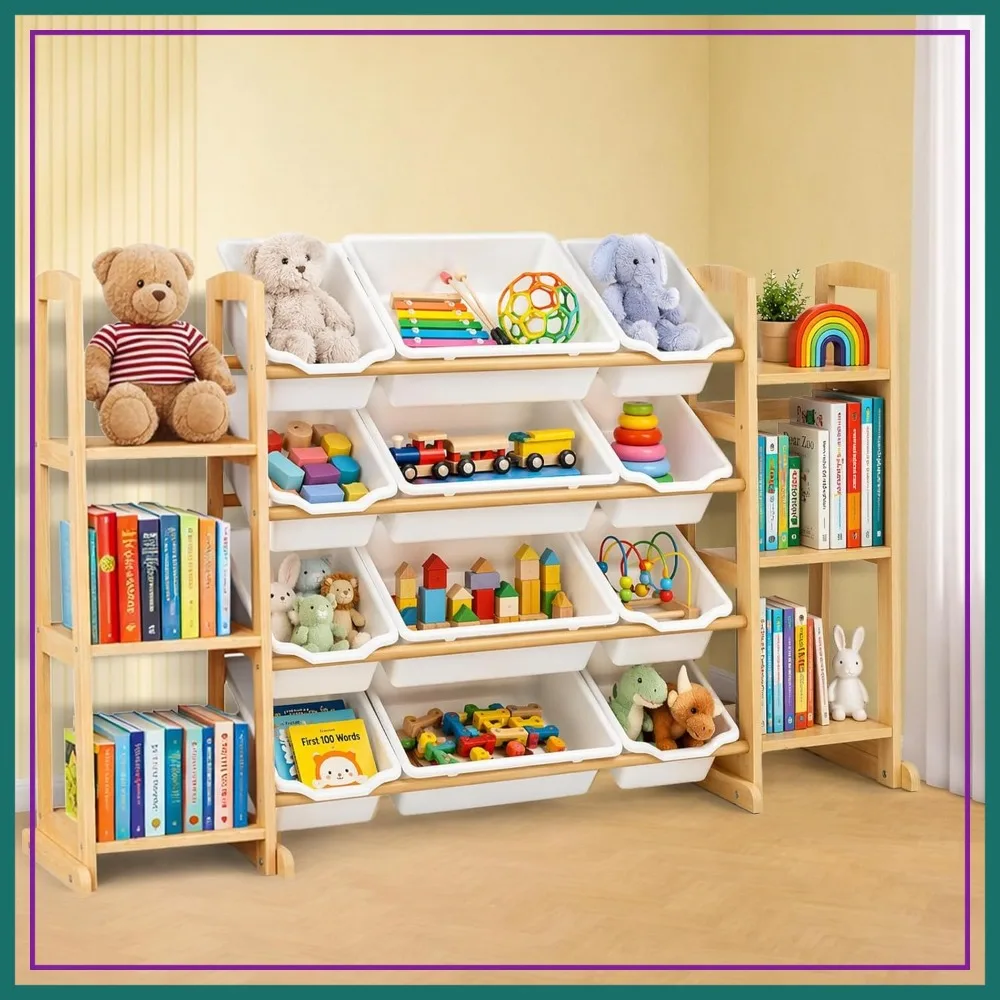 

Toy Storage Organizer with Bookshelf – 12 Bins & 6 Tier Bookcase, Quick Assembly, White