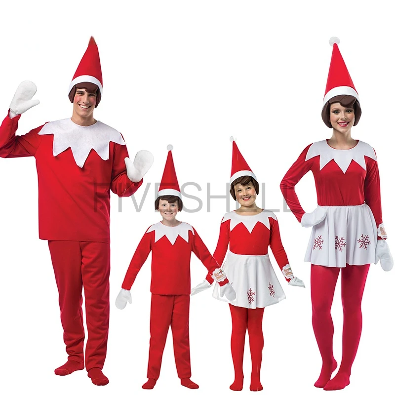 Xma Kids Elf Costume Adult Elf Costume Red New Year Cosplay Party Dress Family Halloween Christmas Party Fancy Dress Clothes Set