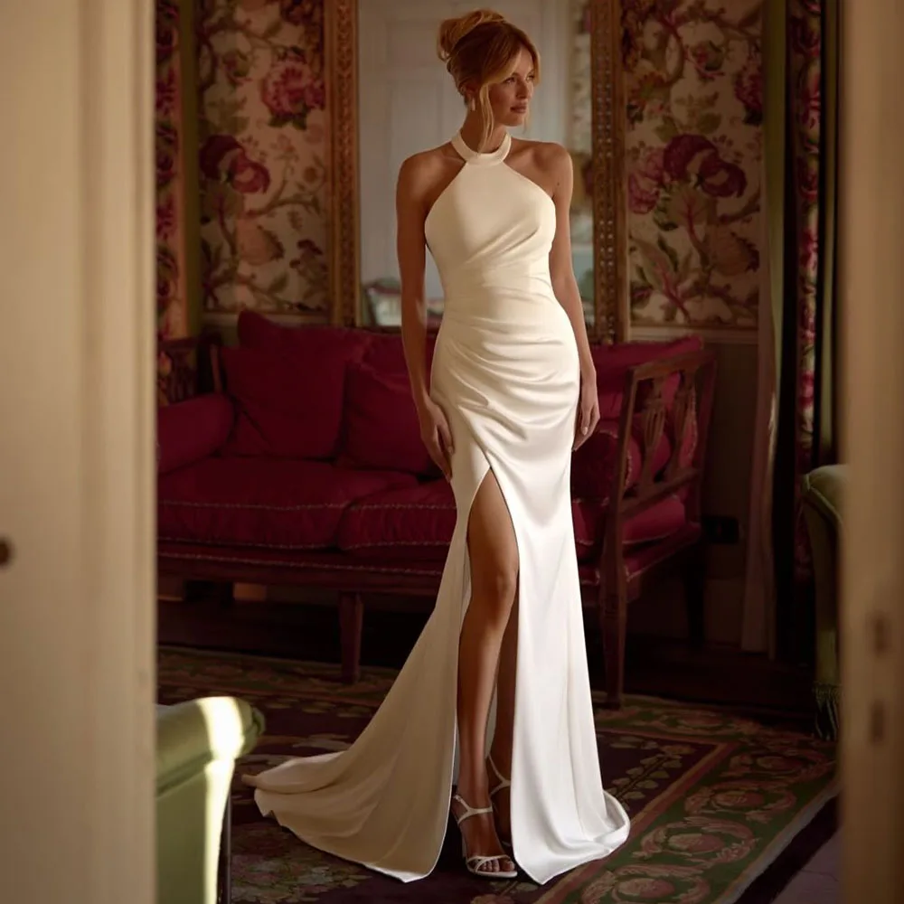 

Modern Women Satin Mermaid Wedding Dress with Side Slit Customized Bridal Dresses Pleats Sleeveless Court Train Wedding Gowns