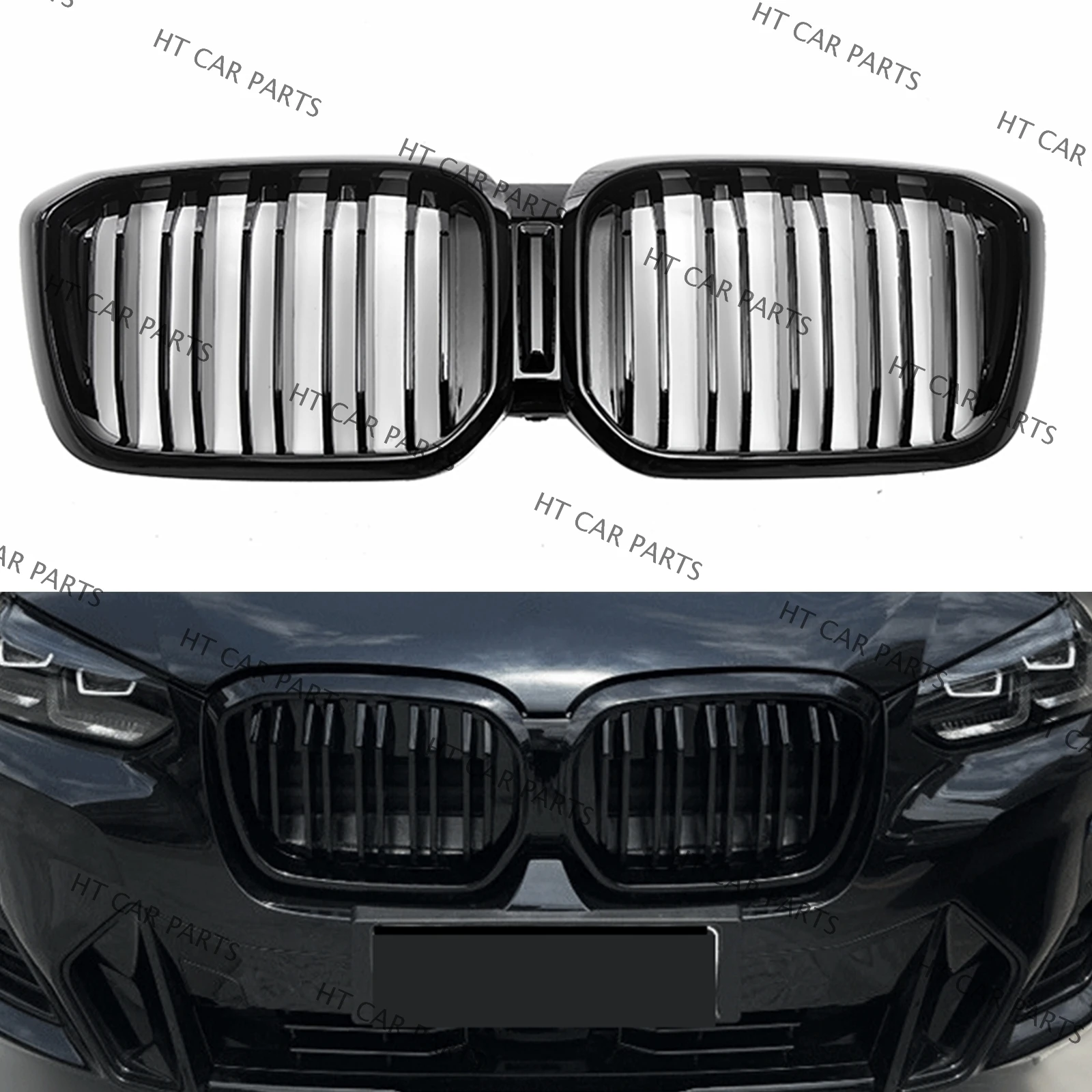 For BMW X3 X4 G01 G02 2022 Base Version 1 x Black Front Bumper Double Line Kidney Grille ( Without camera hole )