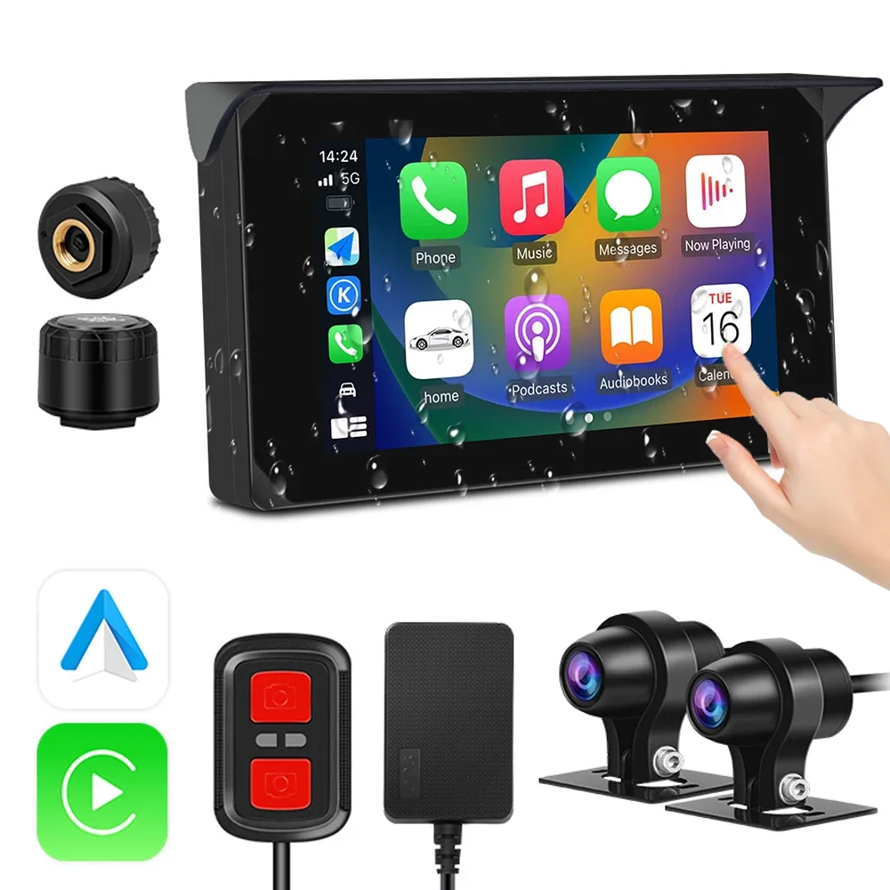 

5 Inch Waterproof Touchscreen, Support Wireless Carplay and Android Auto, Motorcycle Carpaly Screen HD 1080P Motorcycle DVR
