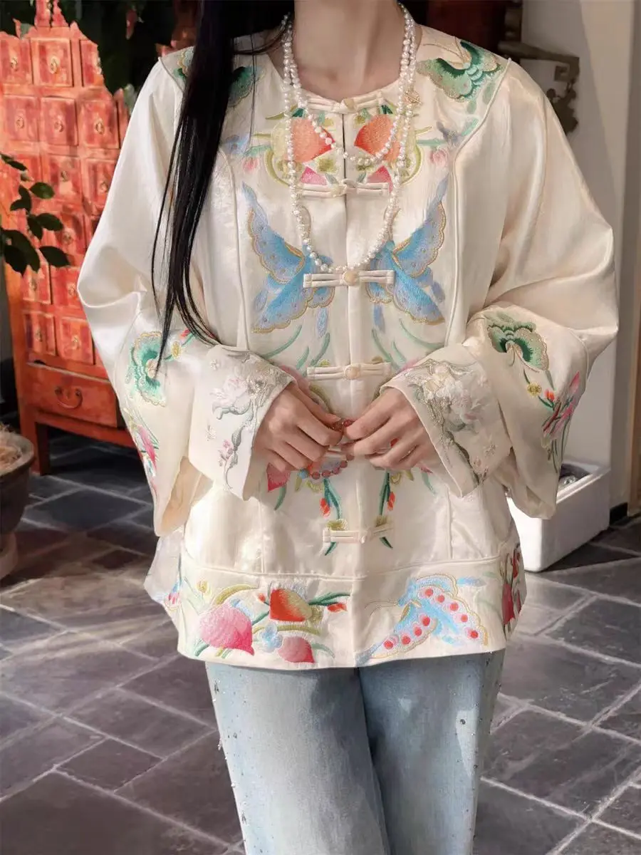 High end Spring New Acetate Fabric Peach + Butterfly Embroidered O-Neck Single breasted Loose Fashion Women's  Jacket S-XL