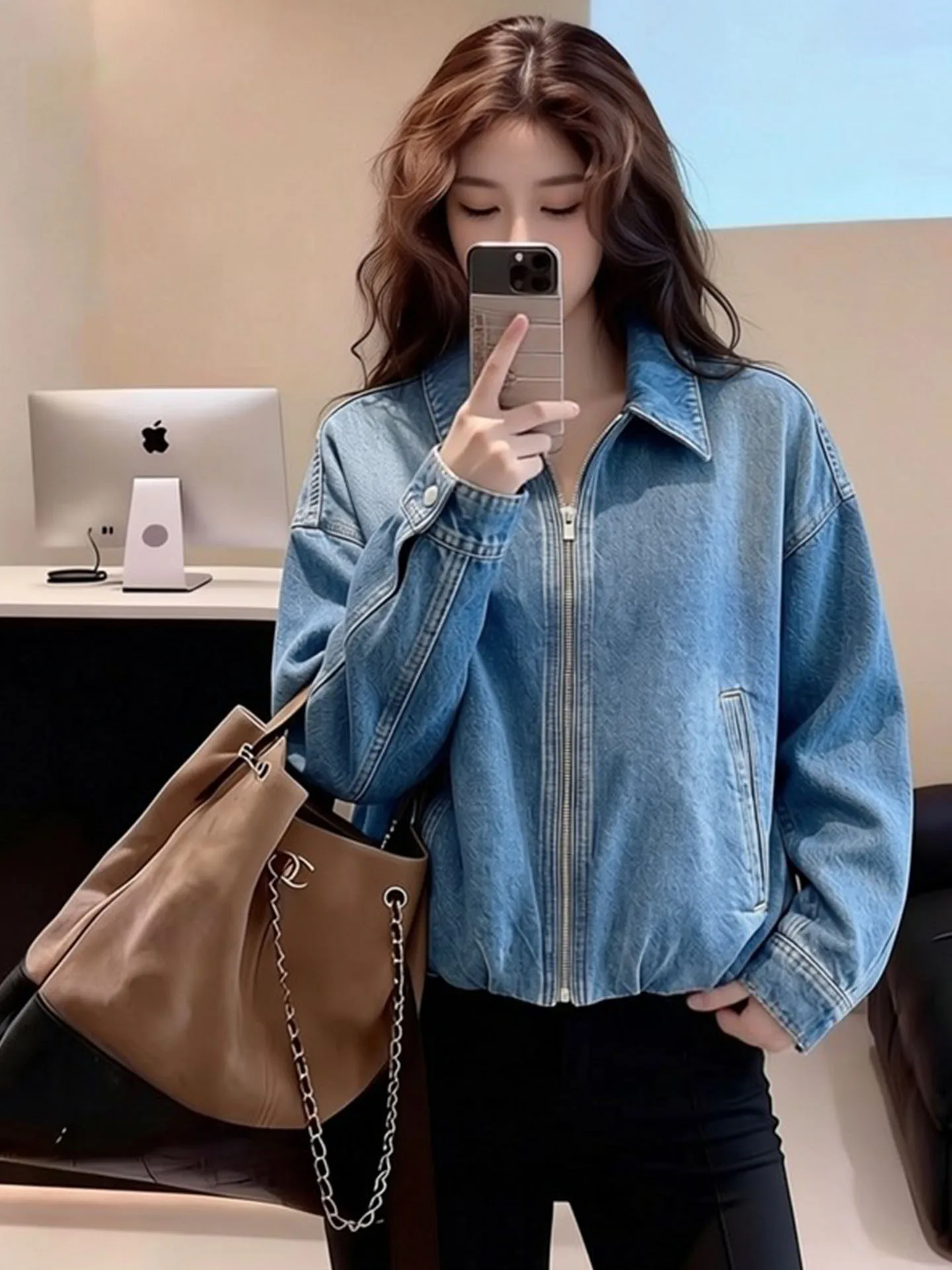 

Retro Blue Denim Jaet Women's Zipper Collar Casual Versatile Spring 2026 Faion Stand Fit ort Outerwear