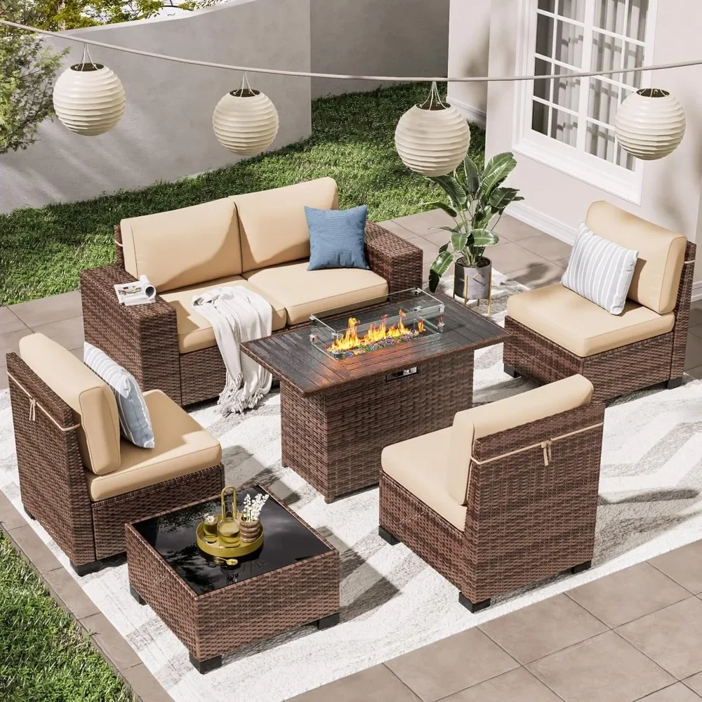 

PatioFurniture Set with 44'' Propane Gas Firepit Table 7 PCS Outdoor Sectional Conversation Sets Featuring Widen Wicker Armrests