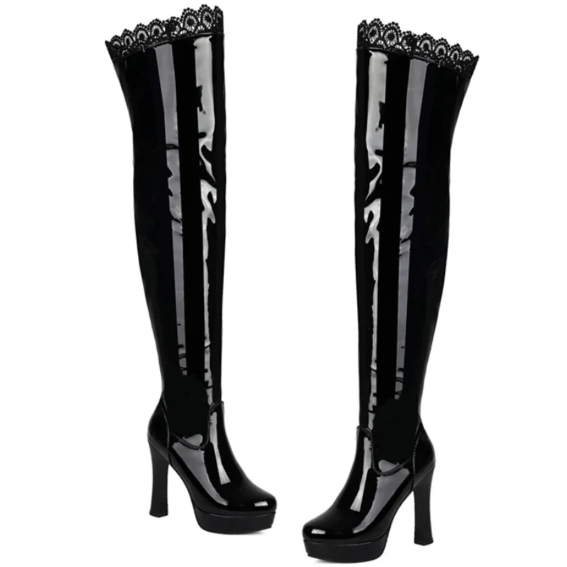 

Black Over the Knee Boots Platform Women's Thigh High Boot Winter Patent White Heels Tall Long Party Nightclub Shoes Ladies