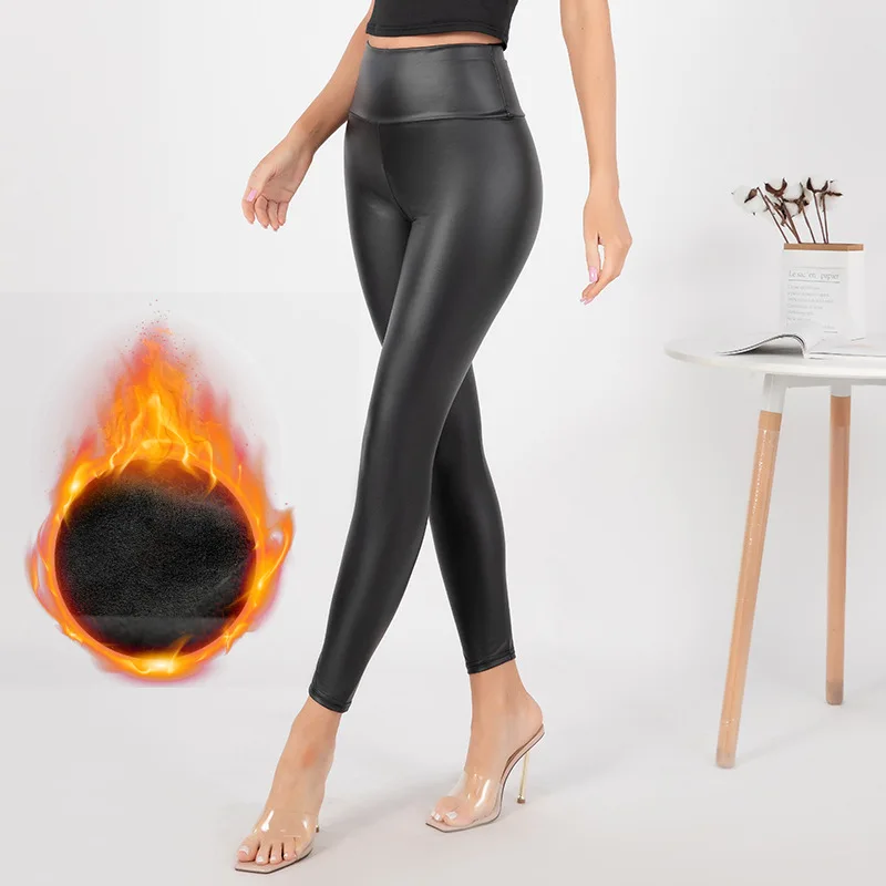 Europe And The United States Selling PU High Waist Flat Leather Pants Sexy Slim Nine-point Pants Warm Ground Hair Leggings Women