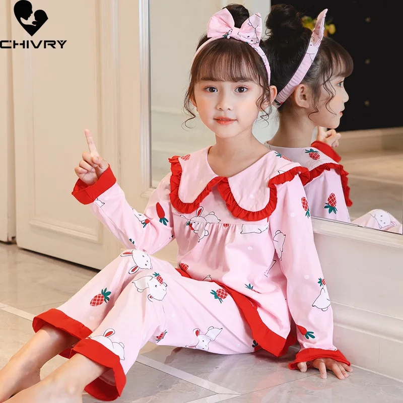 New Girls Pajamas Sets Casual Cartoon Print Long Sleeve Lapel Shirt Tops with Pants Baby Spring Summer Loose Sleeping Homewear