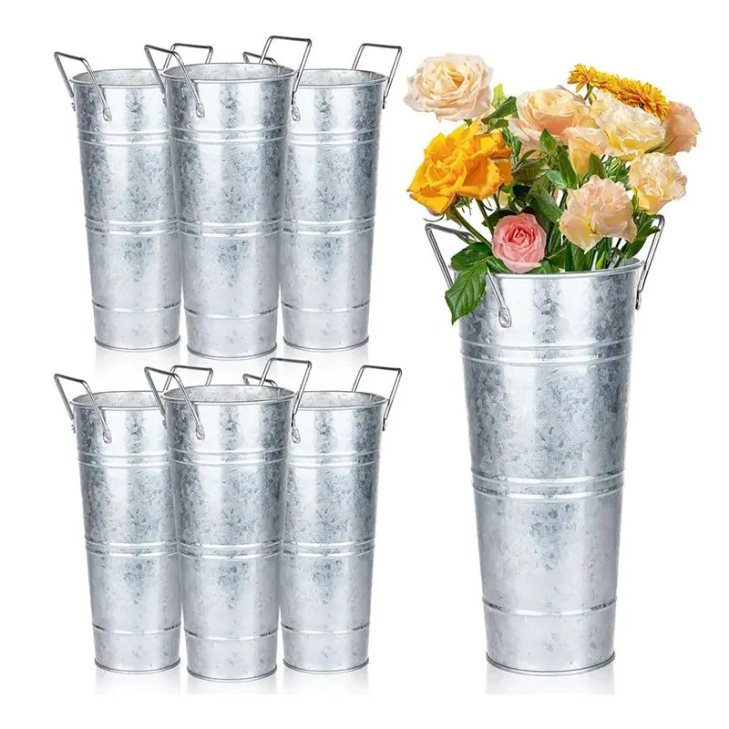 6 Pcs Galvanized Bucket Flower Bar,10 Inch Flower Bucket With Handles, Flower Bar Supplies And Buckets Farmhouse Vases Top-Rated