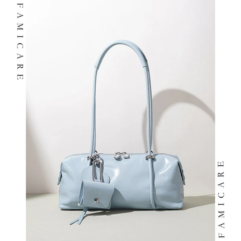 

Solid Color Glossy Genuine Leather Bowling Bag Fashion Women Shoulder Bags Lady Casual Boston Handbag with Detachable Mini Pouch