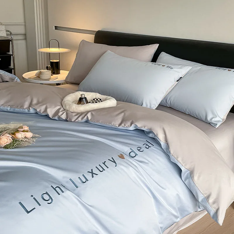 

High Quality Pure Cotton Embroidered Bed Sets Solid Color Skin-Friendly Cozy Fitted Sheet Kit 1.5/1.8M Single Bed Comforter Sets