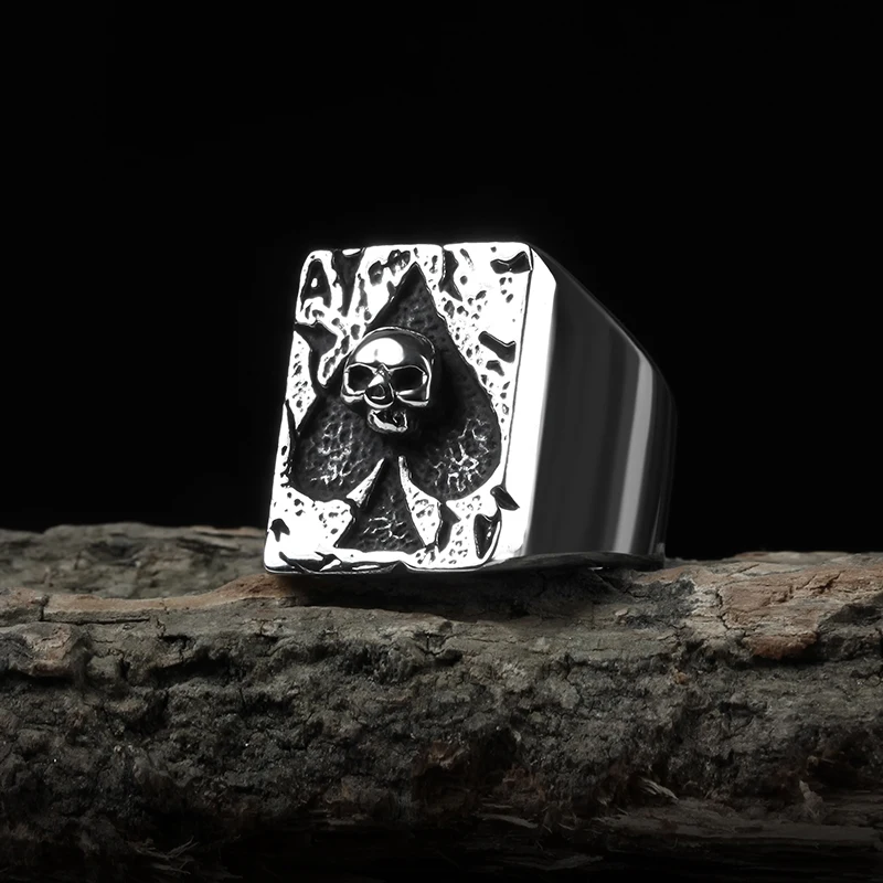 RPolished Dropshipping Punk Rock Ace of Spades Skull Ring 316L Stainless Steel Classic Poker Heart Letter A Anel Boyfriend Gift