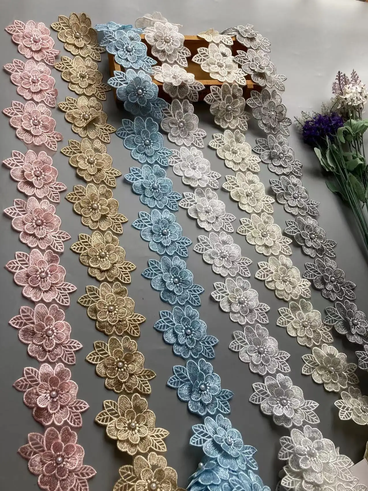 

1 yard Vintage Gray Polyester Pearl Flower Embroidered Lace Trim Ribbon Fabric Handmade DIY Garment Wedding Dress Sewing Craft