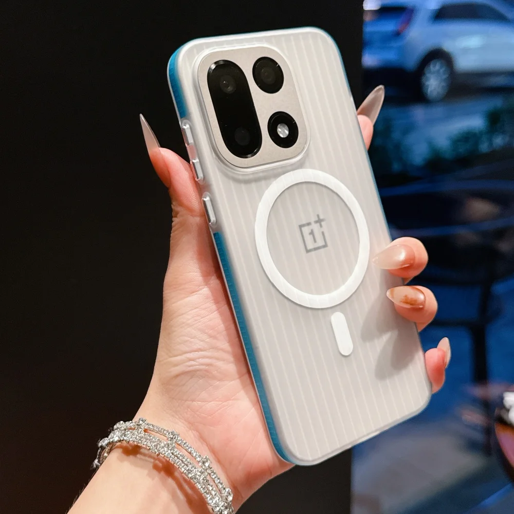 Luxury Frosted Clear Ice Mist Corrugated Stripe Phone Case For OnePlus 1+ 15 ForMagsafe Magnetic Wireless Charge Bumper Cover