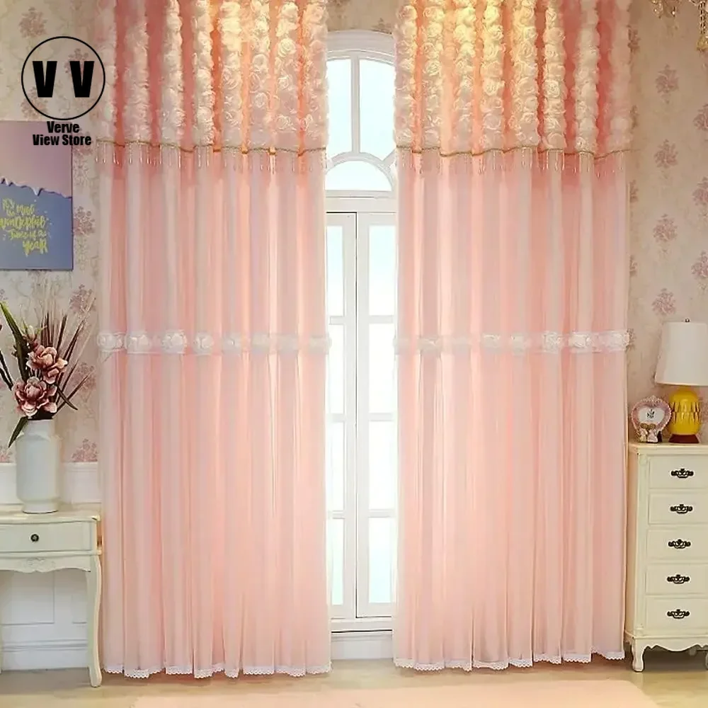 

1 Panel 140cm Width Double Layer Curtain with Valance Lace Curtain for Girls Princess Room Bedroom 3D Flower Curtain with Beads