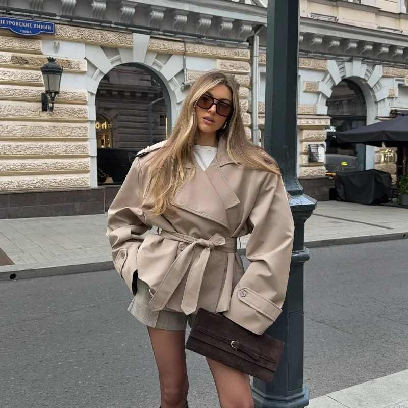 Damen-Windbreaker mit Schnürung, schickes Reverskragen, lange Ärmel, breite Schulter, kurze Mäntel, 2025, Herbst, elegante Pendel- und Alltagsjacke – Detail 31