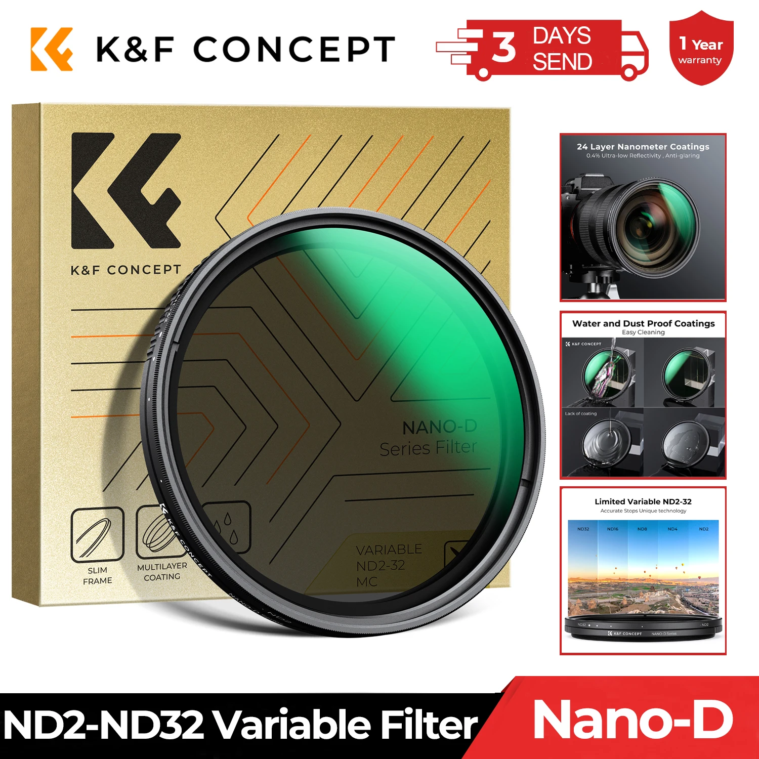 K&F Concept ND2-ND32 (1-5 Stops) Variable ND Filter 49-82mm Waterproof Scratch Resistant 24 Layers of Nano-coating Lenses Filter