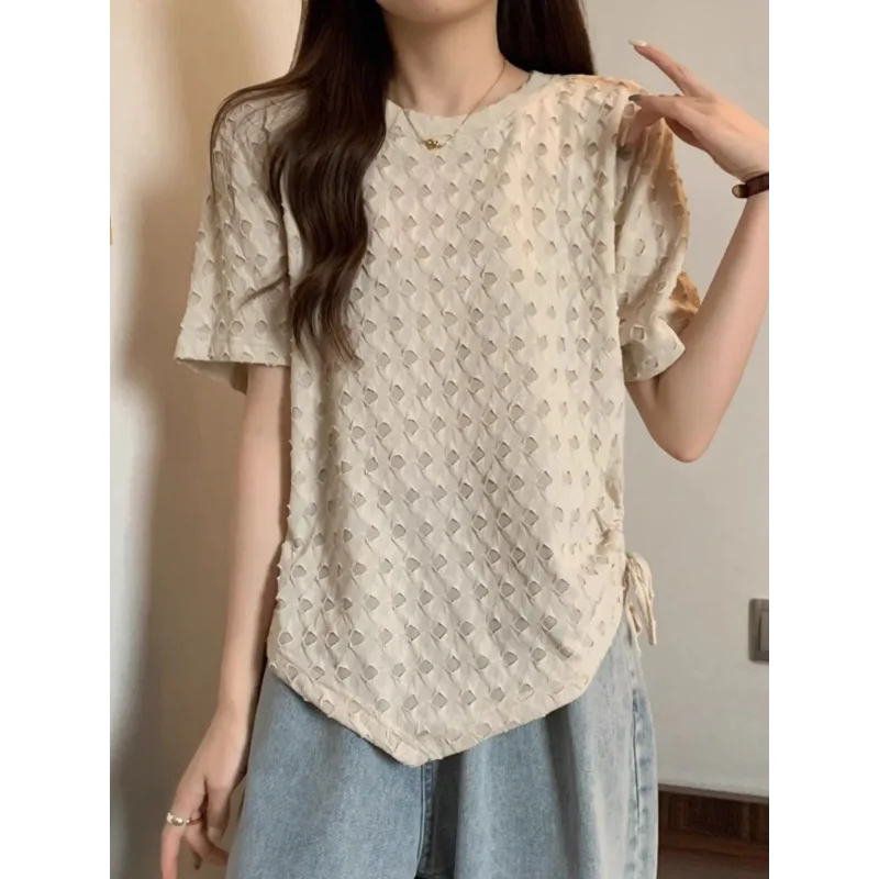 Summer New Rule Drawstring Short Sleeved T-shirt for Women, Loose and Slimming Chic Round Neck Fashion Top for Summer