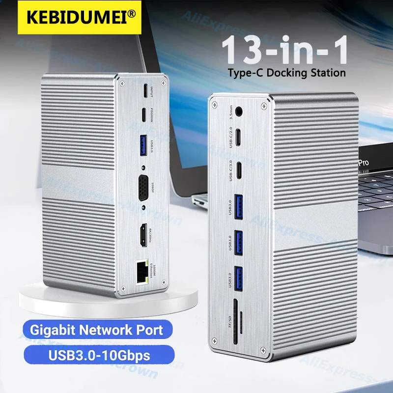 

﻿ Док-станция-концентратор 13-в-1 USB C с зарядкой 100 Вт PD 4K HDTV VGA Ethernet LAN 4 порта USB Устройство чтения карт SD TF для ноутбука Mac