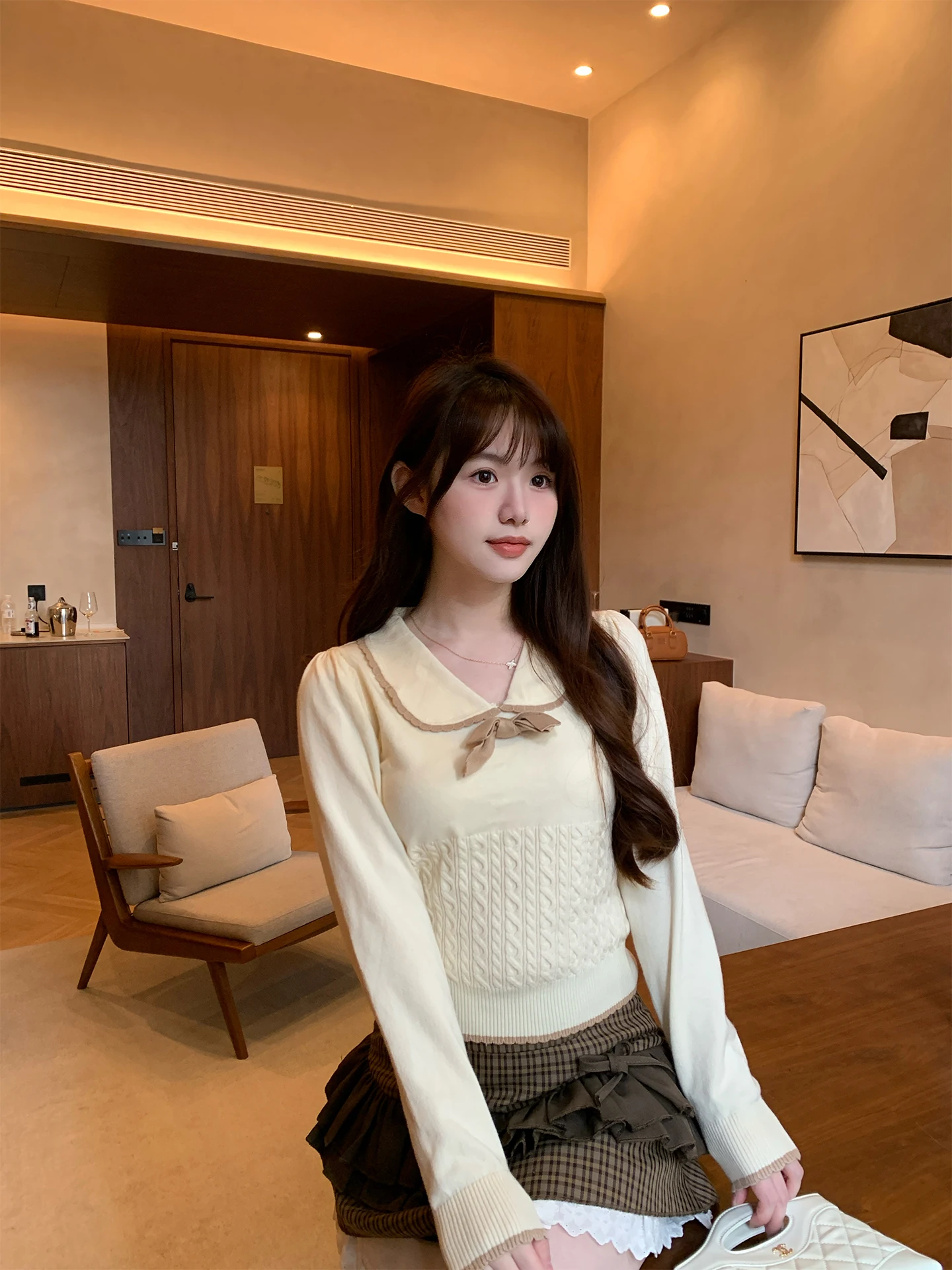 

Нежный и стильный вязаный свитер для женщин с воротником-бантом, длинными рукавами, осенне-зимний топ, милый и молодежный стиль