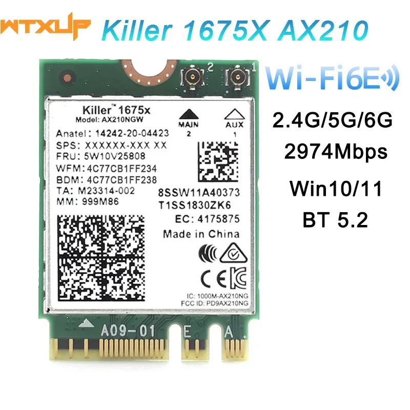 

5374 Мбит/с Wi-Fi 6e AX210 Сетевая карта Wi-Fi Killer 1675X Bluetooth 5.2 Беспроводной адаптер Wlan AX210NGW M.2 Wi-fi 6 Для Win 10