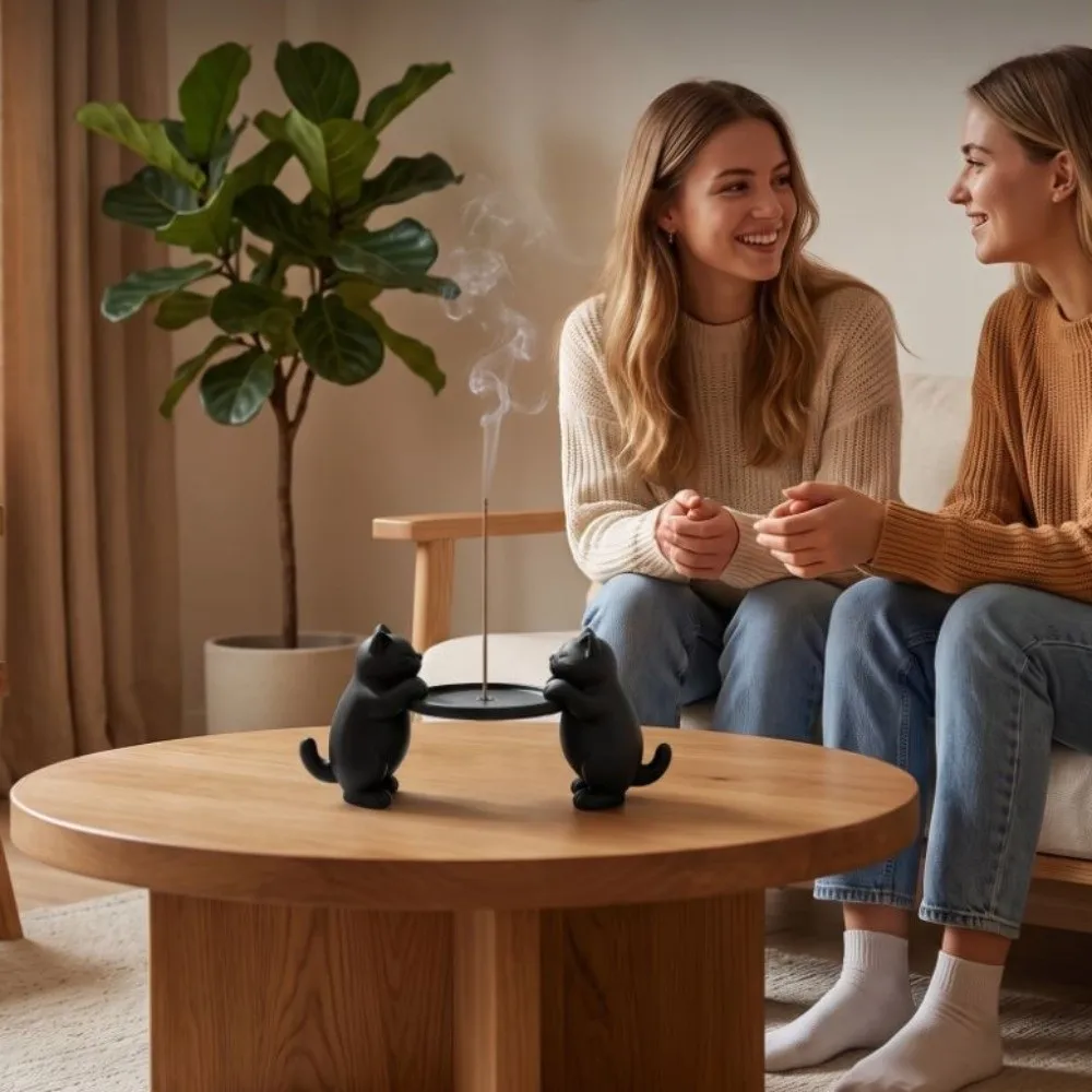 3D Printing Two Cats Incense Holder Minimalist Stable Animals Incense Burner Chinese Style Black Animals Censer Holder