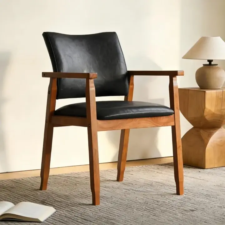 Mid-Century Modern Dining Chairs with Armrest Set of 1, PU Leather Upholstered Dining Room Chairs with Solid Wood