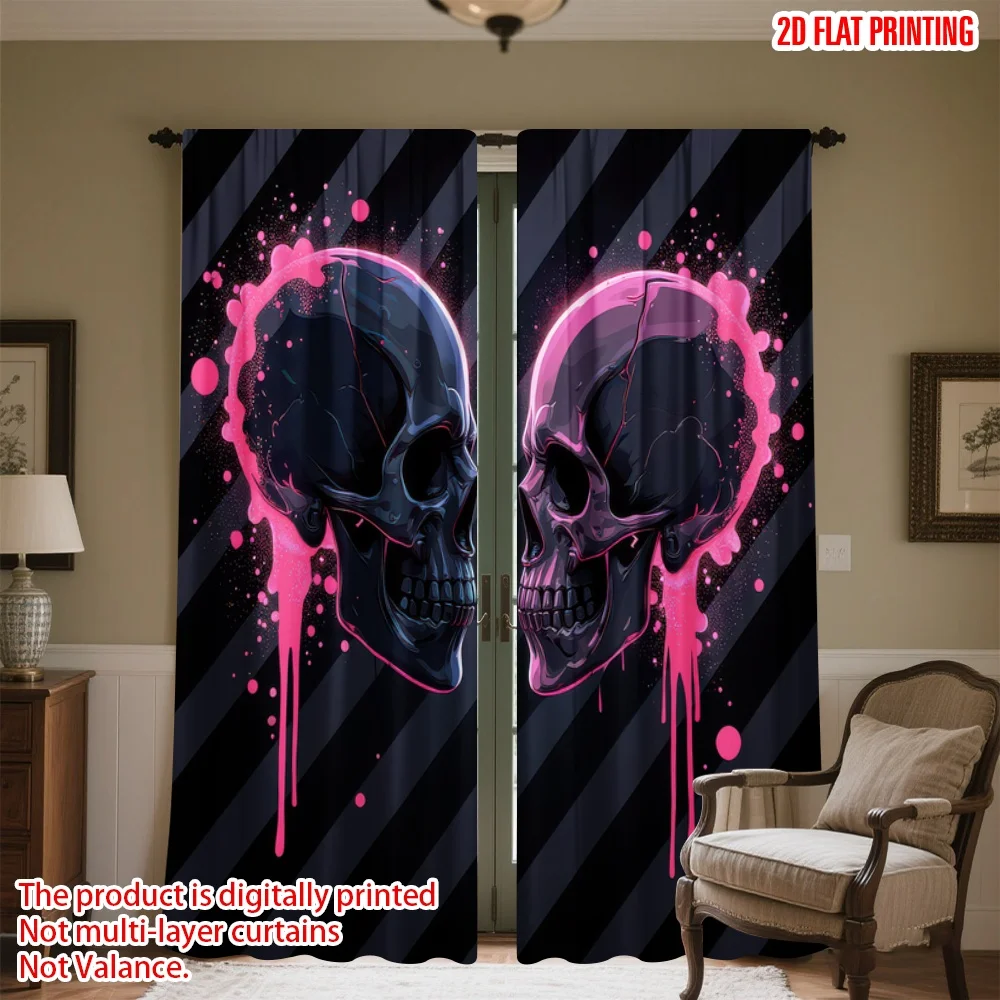 

2D flat printing 2pcs Window Curtains Halloween Skull Digital Printed Polyester Drapes Party Decorations for Indoor Outdoor Use