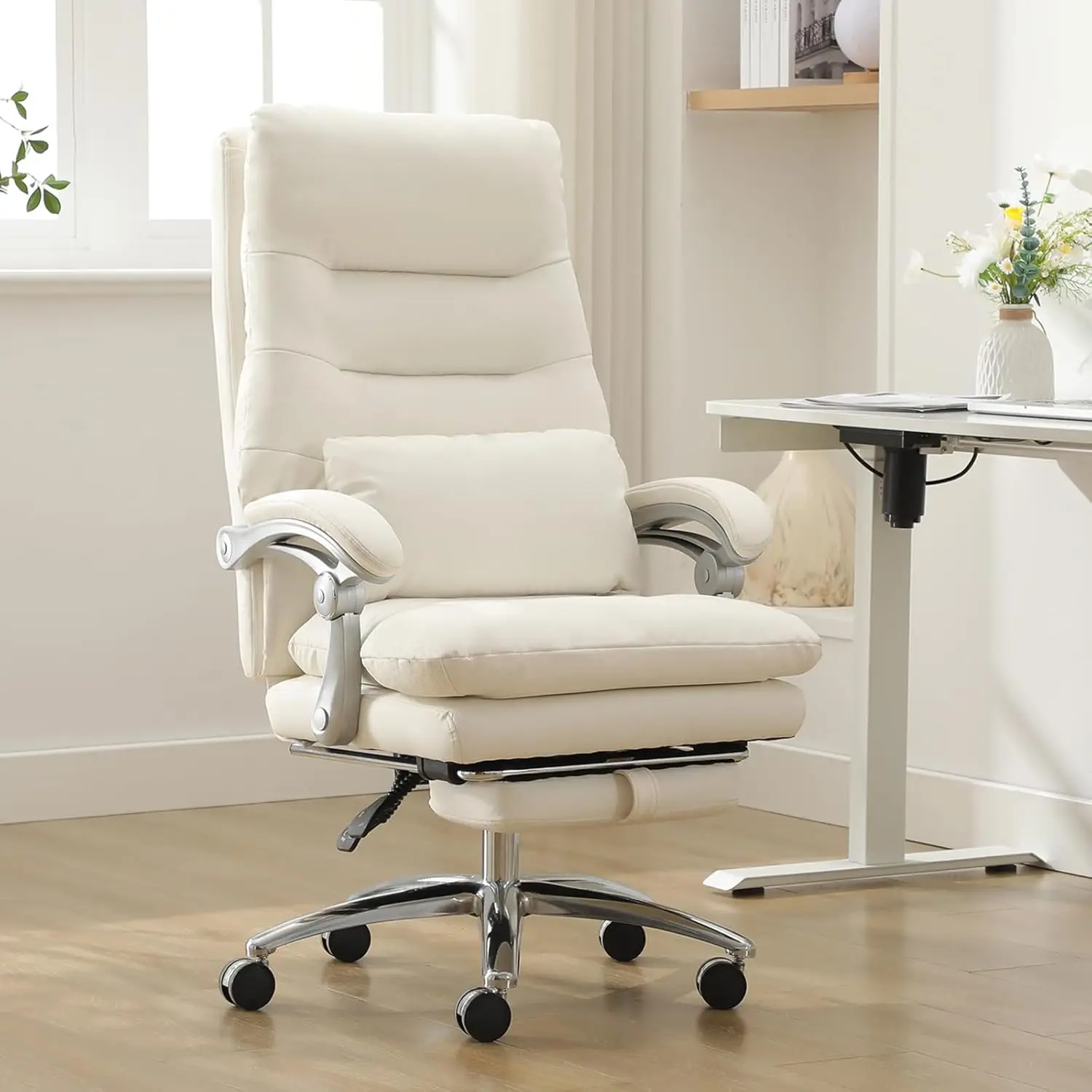 Office Chair with Foot Rest - High Back Executive Chair with Padded Linkage Armrests, Reclining Desk Chair with Wheels, Comfy