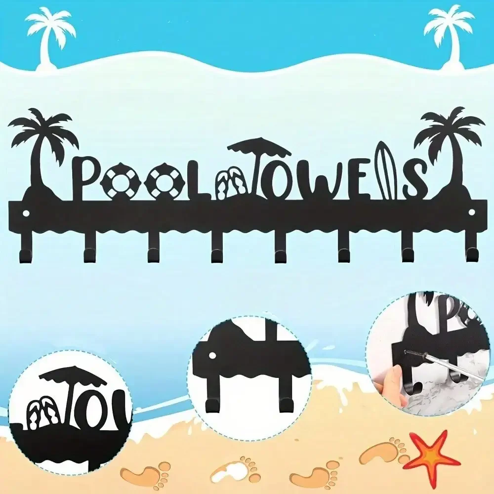 

Hooking "POOL TOWERS" Sign With Coconut Trees On The Beach Scene Metal Wall Art - Waterproof, Rustproof&Durable Wall Decor.