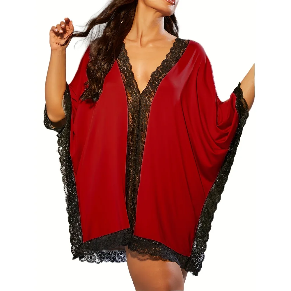 حجم كبير 1XL-5XL موضة فضفاضة فستان النوم عادية عميق الخامس فستان بأكمام قصيرة السيدات مثير الدانتيل بألواح منامة فستان