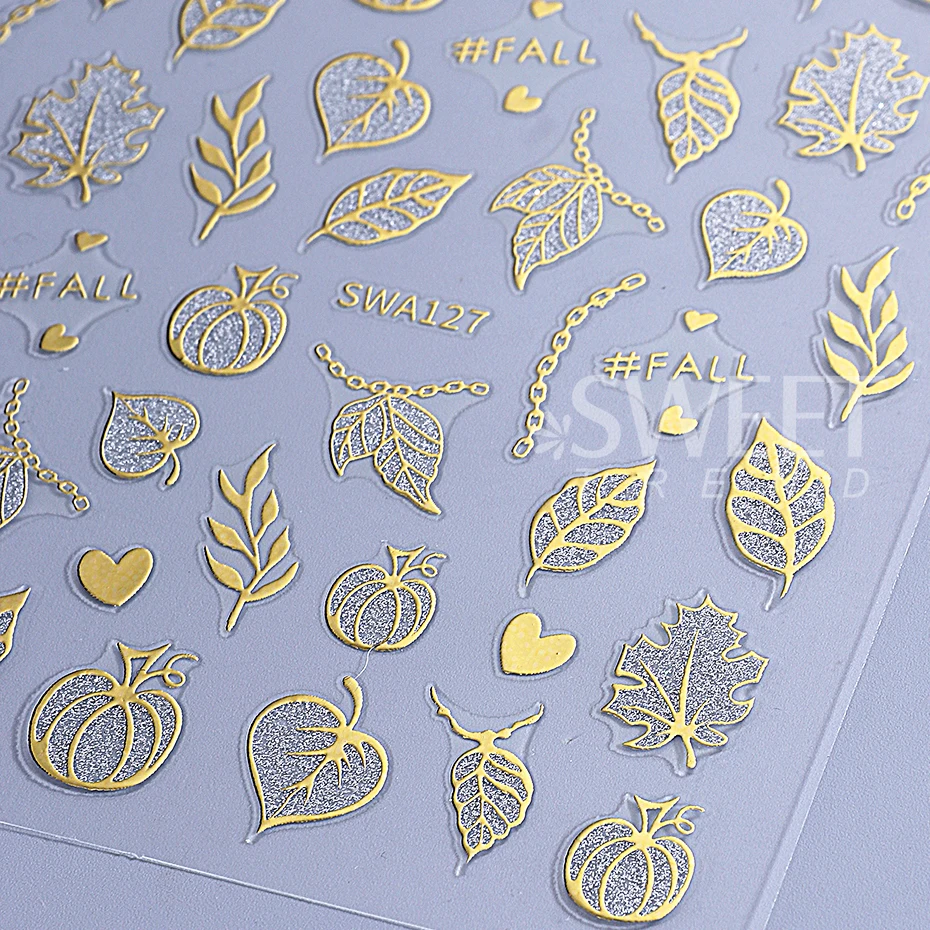 2 stuks glitter pompoen nail art stickers herfst glanzende herfstbladeren ontwerpen 3D zelfklevende nagelstickers DIY manicure decoratie