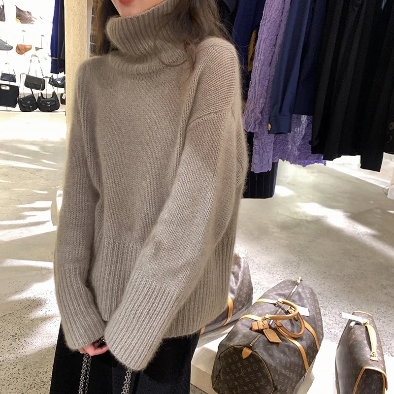 Nieuwe vrouwen wollen trui hoge kraag trui herfst winter 100% merinowol gebreide kleding vrouwelijke populaire losse kleding tops