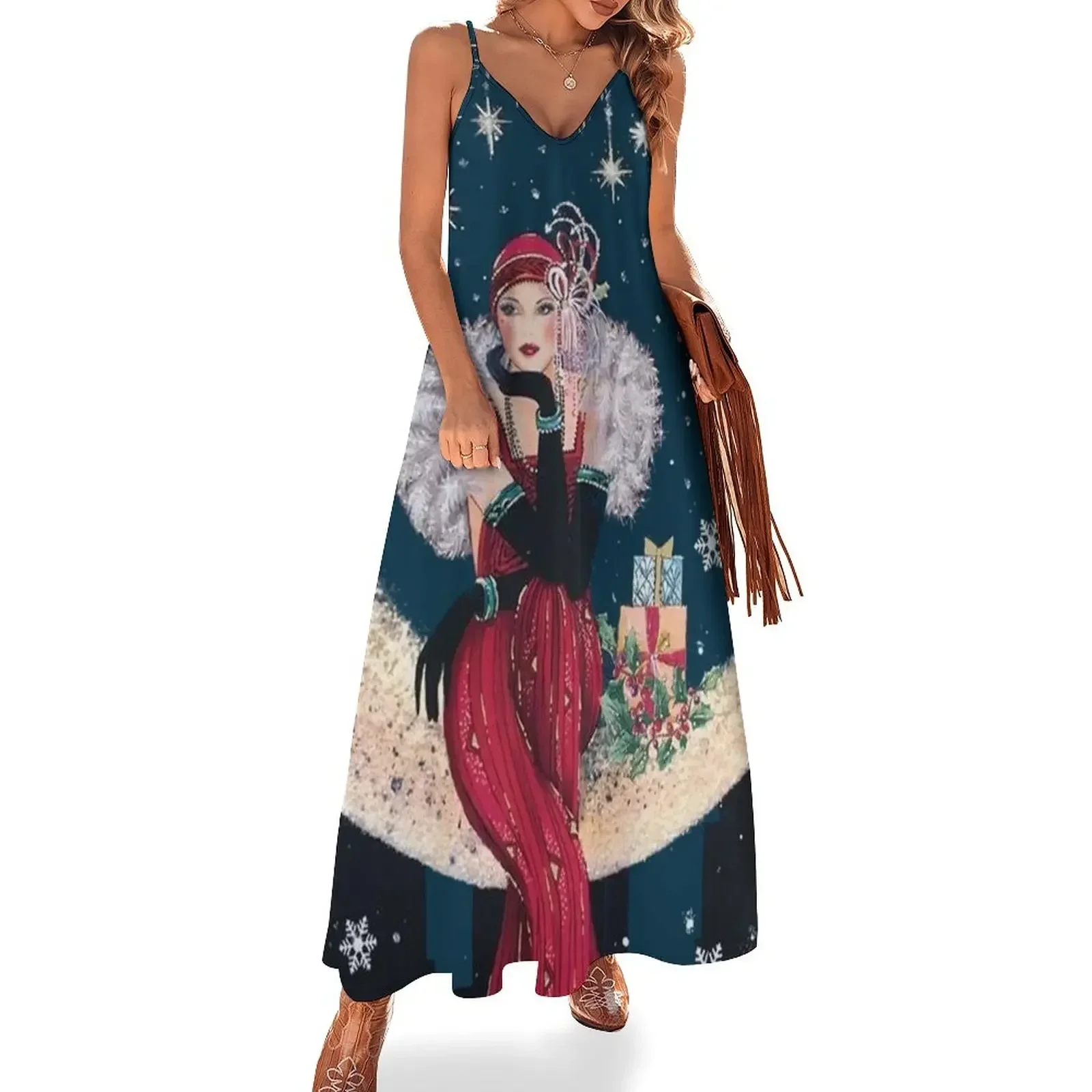 

FLAPPER : Vintage High Style Beautiful Print Sleeveless Dress beach dress Evening gown elegant women's dresses for wedding Dress