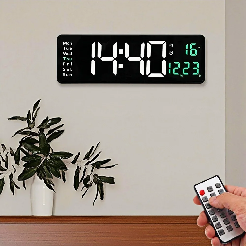 15.24 Inch Large Digital Wall Clock with Remote Date and Temperature Auto Dimming Timing 12/24H LED Alarm Clock for Yoga Gym