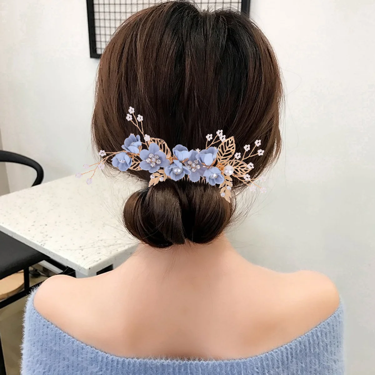 3pcs Bride Headdress Simulation Flower Hair Comb Hairpin Set Fashion Hair Accessories for Wedding Blue