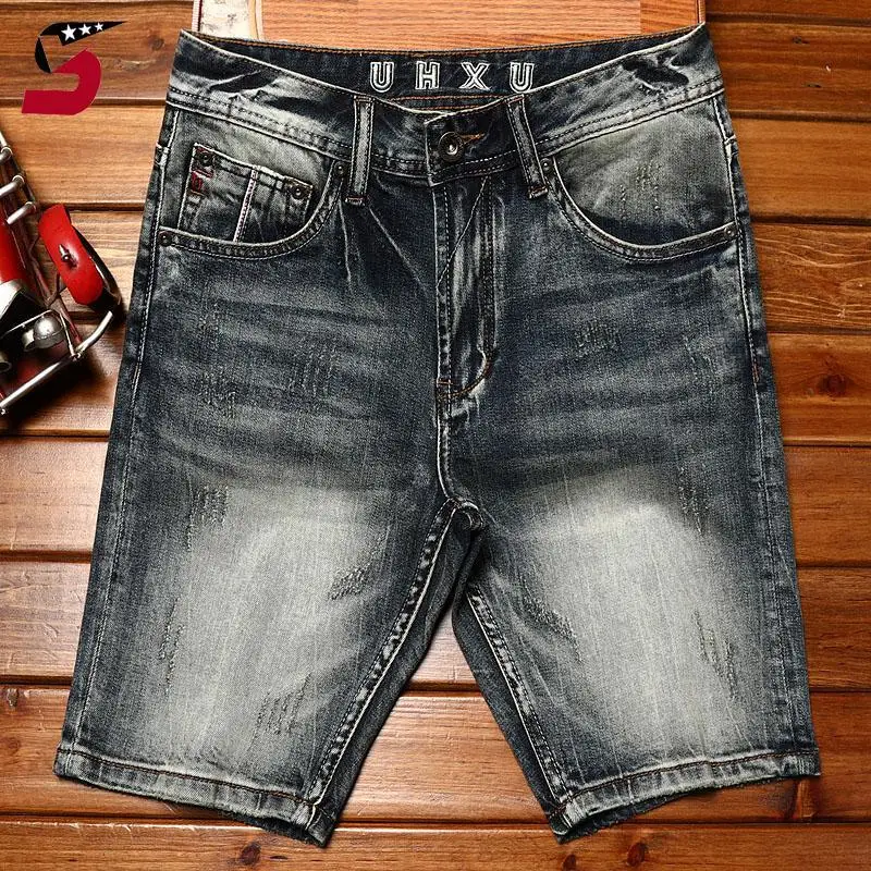 Men's Slim-Fit Men's Clothing New Kpop Ripped Summer Knee Length Casual Retro Jeans Streetwear High-End Korean Denim Shorts