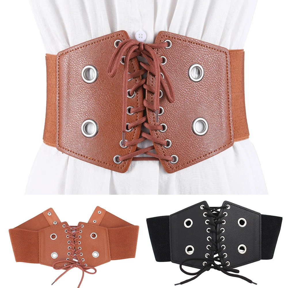 Ultra Wide Belt For Women Elastic Cinch Lady High Waist Rivet Girls Waistband Coat Dress Waist Seal Front Lace-up Waistbands