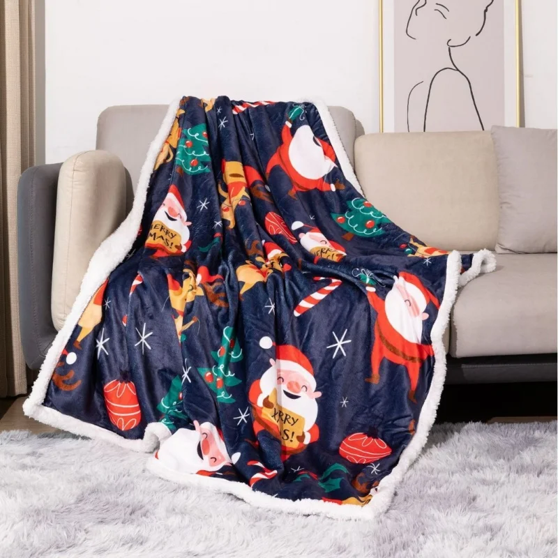 Christmas Flannel Sherpa Throw Blanket Double Layer Thickened Printed Fleece Blanket Soft Warm Reversible Blanket Home Xmas Gift