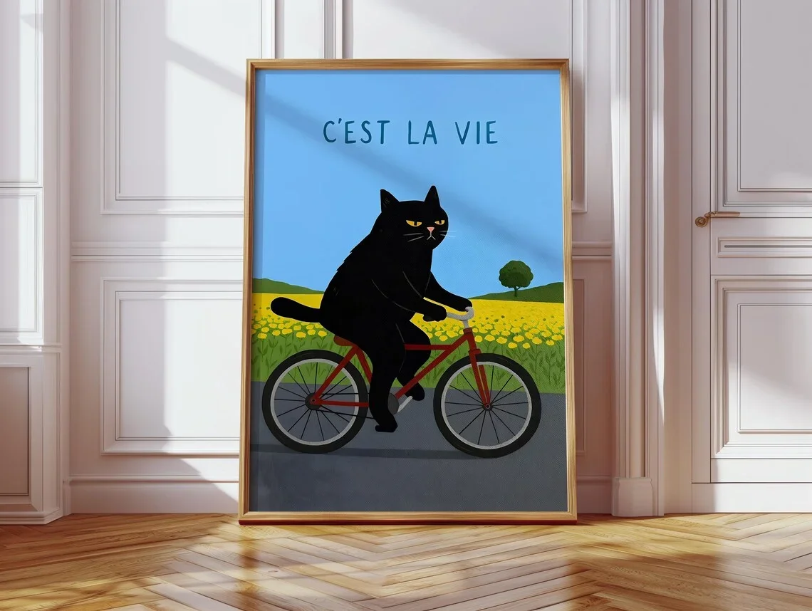Cozy French Cat Adventure Wall Art - Whimsical Pop Art Print Capturing the Essence of 