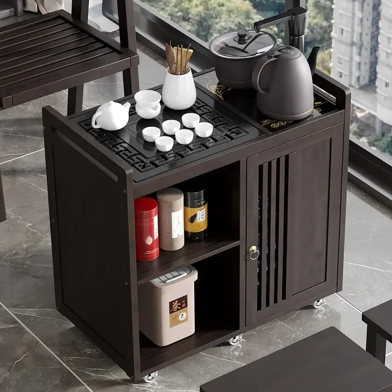 

home small tea table, bamboo and wood cart coffee table, automatic kettle, integrated tea cabinet