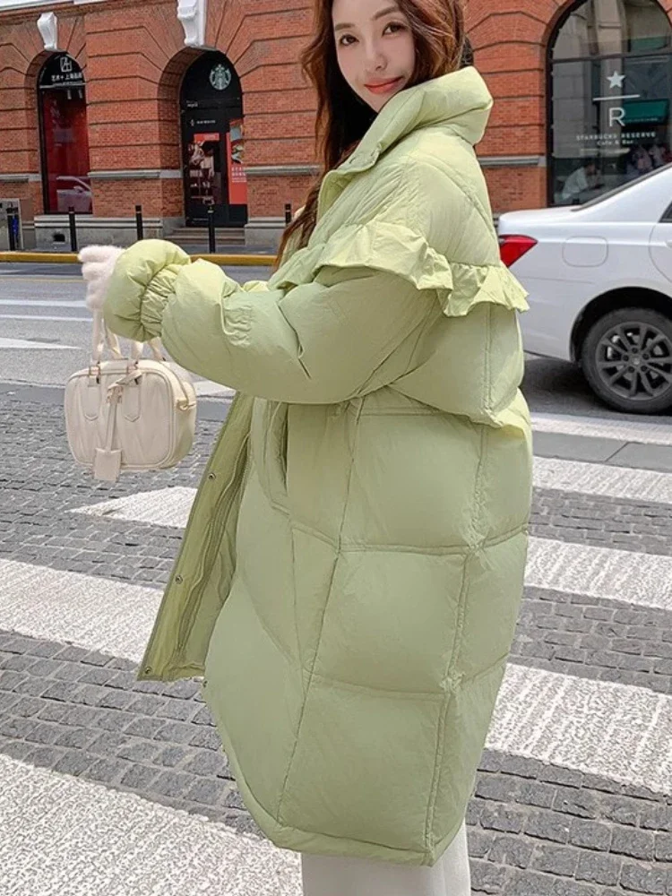 Doudoune d'hiver pour femme, manches bourgeon de fleur, bord à volants, manteau bouffant de canard blanc, super grande taille, élégant, doux, épais, long