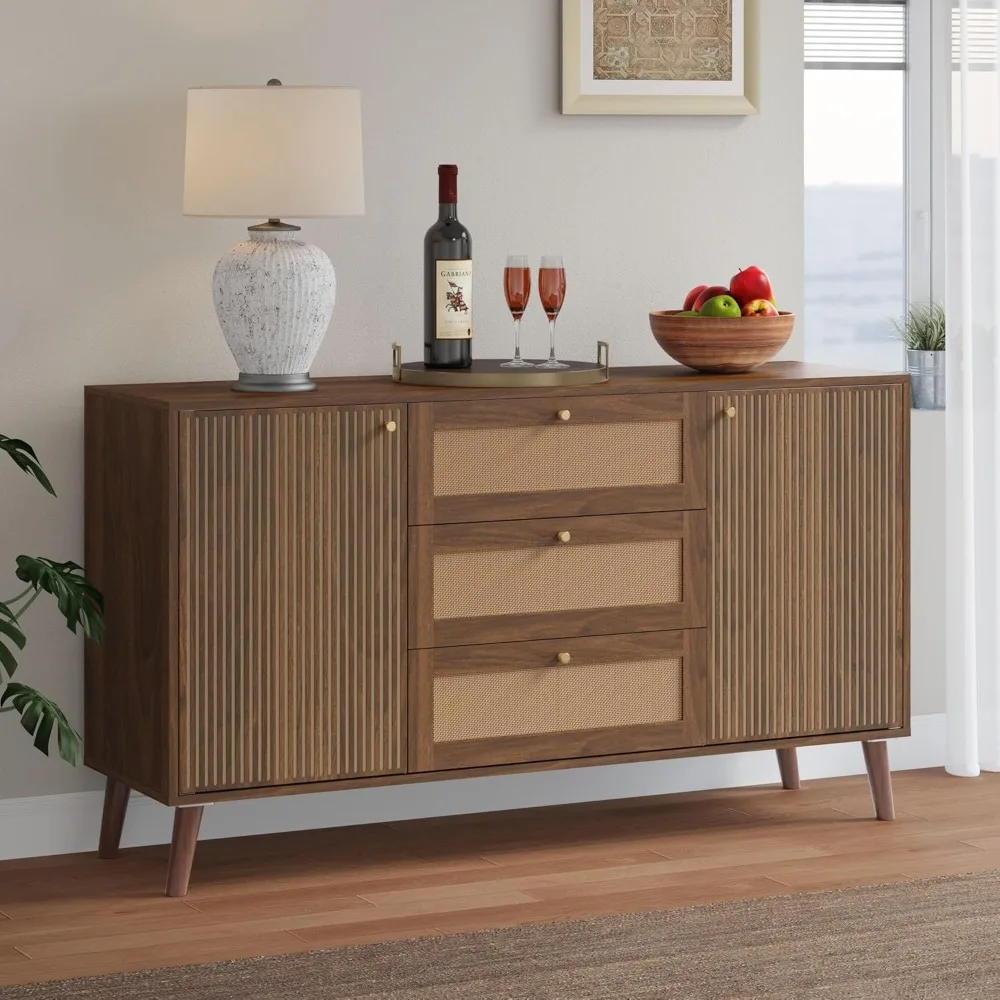 

EROMMY 55 Rattan Sideboard Buffet Cabinet, Accent Storage Cabinet with 3 Rattan Drawers & 2 Fluted Doors, Mid Century TV Console
