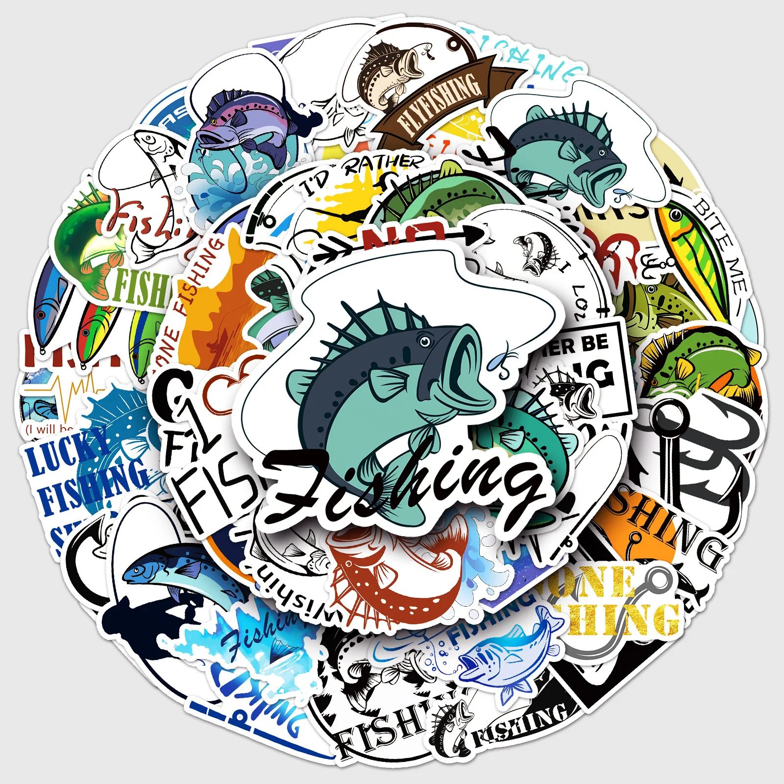 

50 original fishing graffiti stickers with personalized and creative decorations for water bottles, suitcases, and fishing boxes
