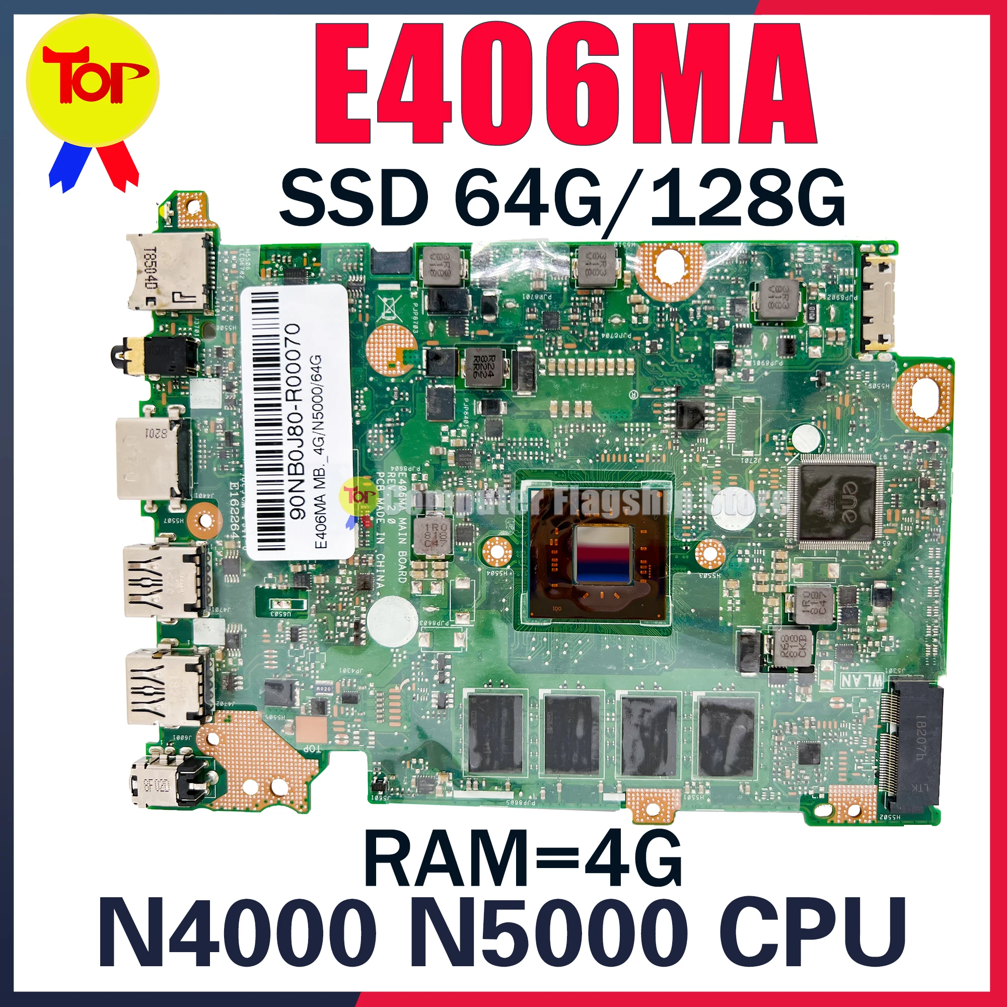 มาเธอร์บอร์ดแล็ปท็อป E406M สำหรับ E406MA ASUS E406MAS L406MA L406M N4000 N5000เมนบอร์ด64G-128G-SSD RAM-4G เมนบอร์ดสำหรับการทำงาน100%