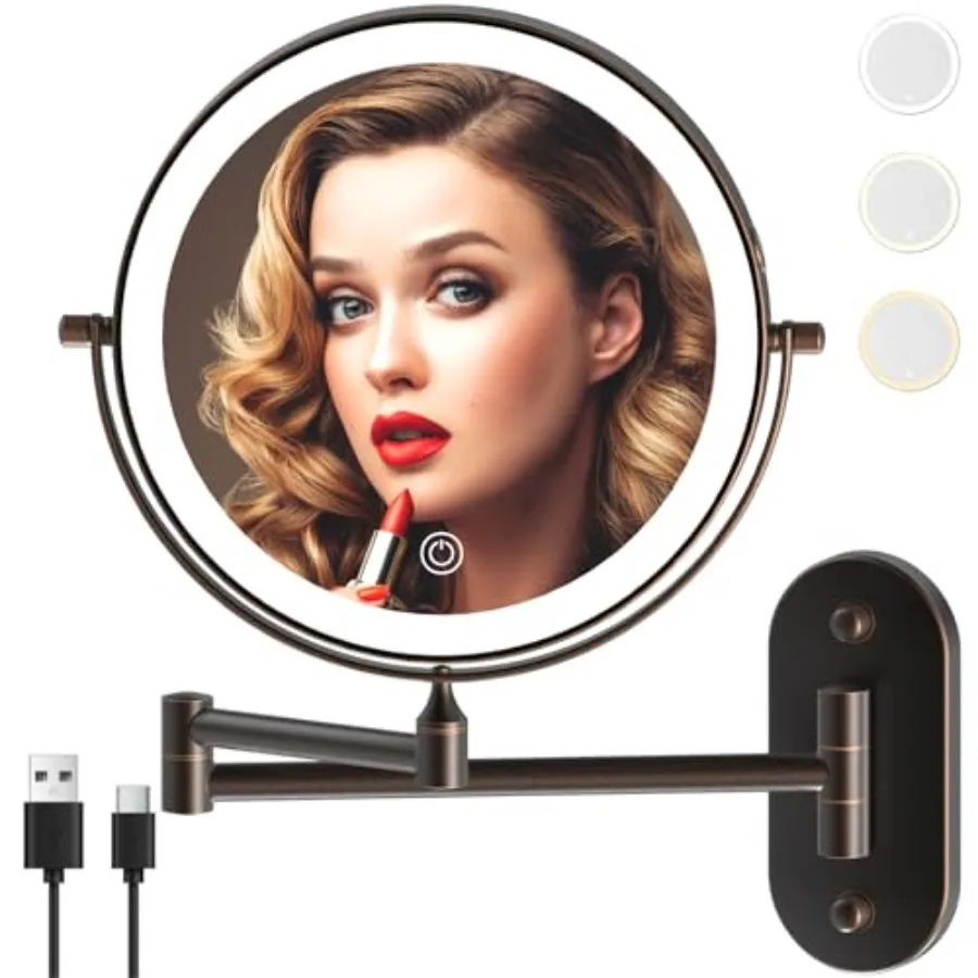 

Rechargeable Wall Mounted Lighted Makeup Vanity Mirror 8 Inch Double Sided 1X 10X Magnifying Bathroom Mirror, 3 Color Lighting,