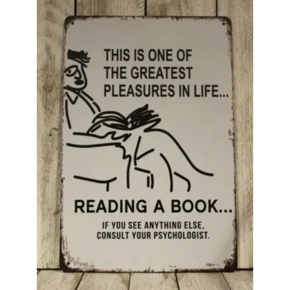 Funny Book Lover Gift Metal Tin Sign, Greatest Pleasures is Reading Quote Wall Art for Home Office Library Decor