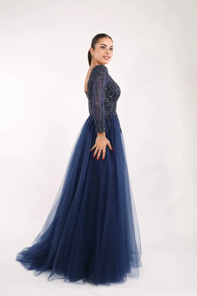 Annie Dark Blue Prom Dresses Glitter Embroidery Luxury Wedding Dress Elegant Tulle Long Sleeves Robes De Soirée Customized 2025