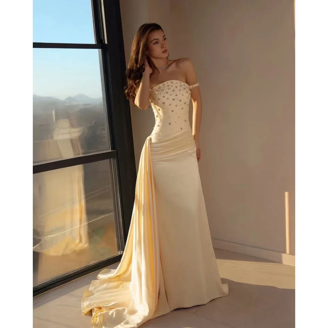 Beaded Satin Mermaid Wedding Guest Dress Off Shoulder Detachable Train Formal Evening Gown Corset Back for Prom Banquet